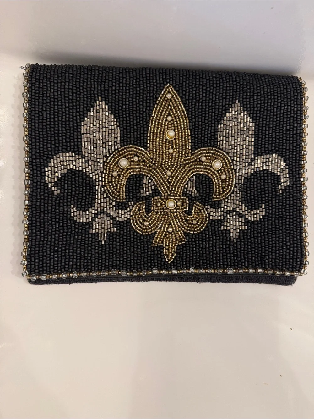 Mary Frances Beautiful Black Beaded Fleur-de-Lis Crossbody Bag